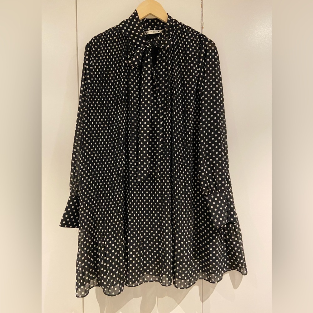 Sheer pleated polka dot dress with bow
